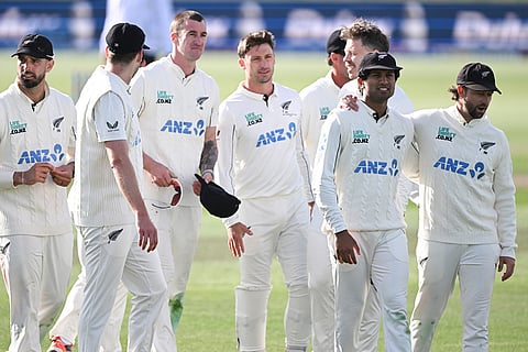 New Zealand players walk off at the end of Day 5 of their cricket test match against the West Indies in Christchurch, New Zealand.