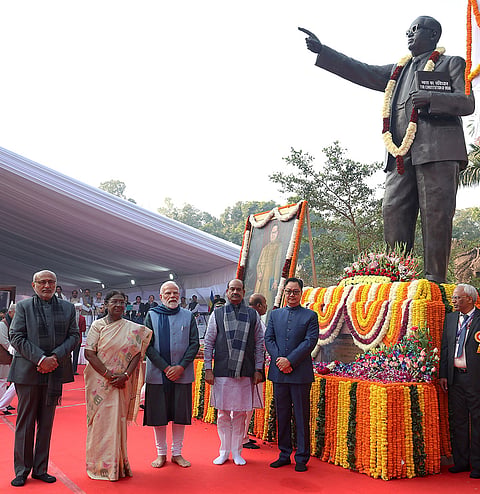 President Droupadi Murmu, Vice President CP Radhakrishnan, Prime Minister Narendra Modi, Lok Sabha Speaker Om Birla and Union Minister Kiren Rijiju pay tribute to Babasaheb Ambedkar, the architect of India's Constitution, on his 69th death anniversary, also called ‘Mahaparinirvan Diwas’, at the Parliament House complex, in New Delhi. 