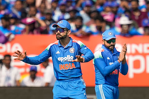 India's Virat Kohli and Rohit Sharma during the third ODI cricket match of a series between India and South Africa, at ACA-VDCA Cricket Stadium, in Visakhapatnam, Andhra Pradesh.
