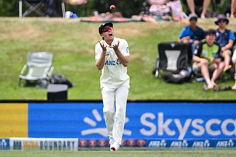 New Zealand's Zak Foulkes takes a catch to dismiss West Indies' Alick Athanaze on Day 4 of their cricket test match in Christchurch, New Zealand.