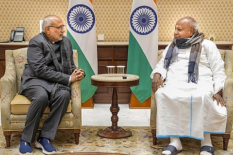 Vice President CP Radhakrishnan during a meeting with former prime minister and JD(S) chief H D Deve Gowda at the Vice-President’s Enclave, in New Delhi. 