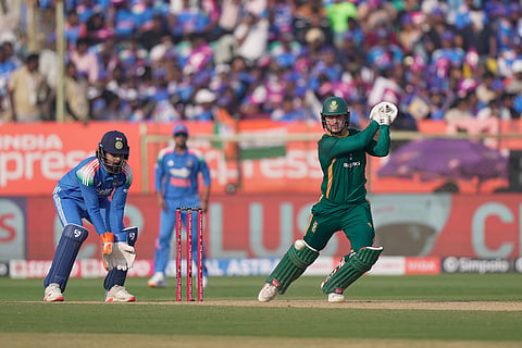 South Africa's Matthew Breetzke plays a shot during the third One Day International cricket match between India and South Africa in Visakhapatnam.