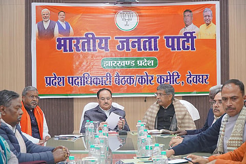 Union Minister and BJP National President JP Nadda, Leader of opposition in Jharkhand Assembly Babulal Marandi and others during a core party meeting, in Deoghar, Jharkhand. 
