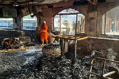 Charred remains at the nightclub where a fire broke out due to a cylinder blast, in North Goa district. At least 25 persons were killed and six others suffered injuries in the incident, according to officials.