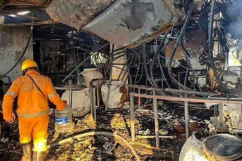 Charred remains at the nightclub where a fire broke out due to a cylinder blast, in North Goa district. At least 25 persons were killed and six others suffered injuries in the incident, according to officials.