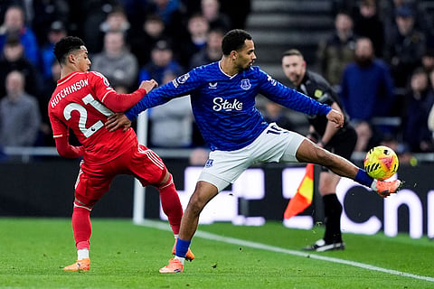 Nottingham Forest's Omari Hutchinson and Everton's Iliman Ndiaye, right, in action during the English Premier League soccer match between Everton and Nottingham Forest in Liverpool, England.