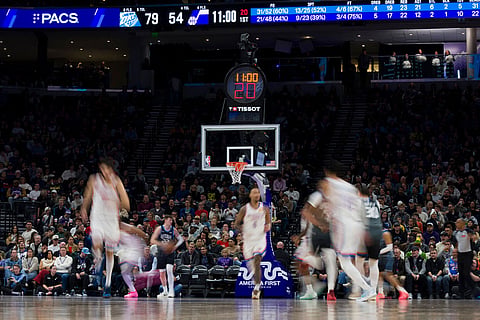 The Utah Jazz shot clock malfunctions during the second half of an NBA basketball game between the Utah Jazz and the Oklahoma City Thunder in Salt Lake City.