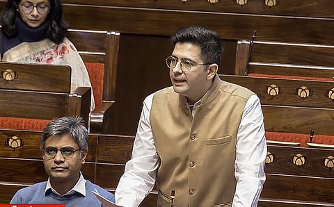 AAP MP Raghav Chadha speaks in the Rajya Sabha during the Winter session of Parliament, in New Delhi, Monday, Dec. 8, 2025. 