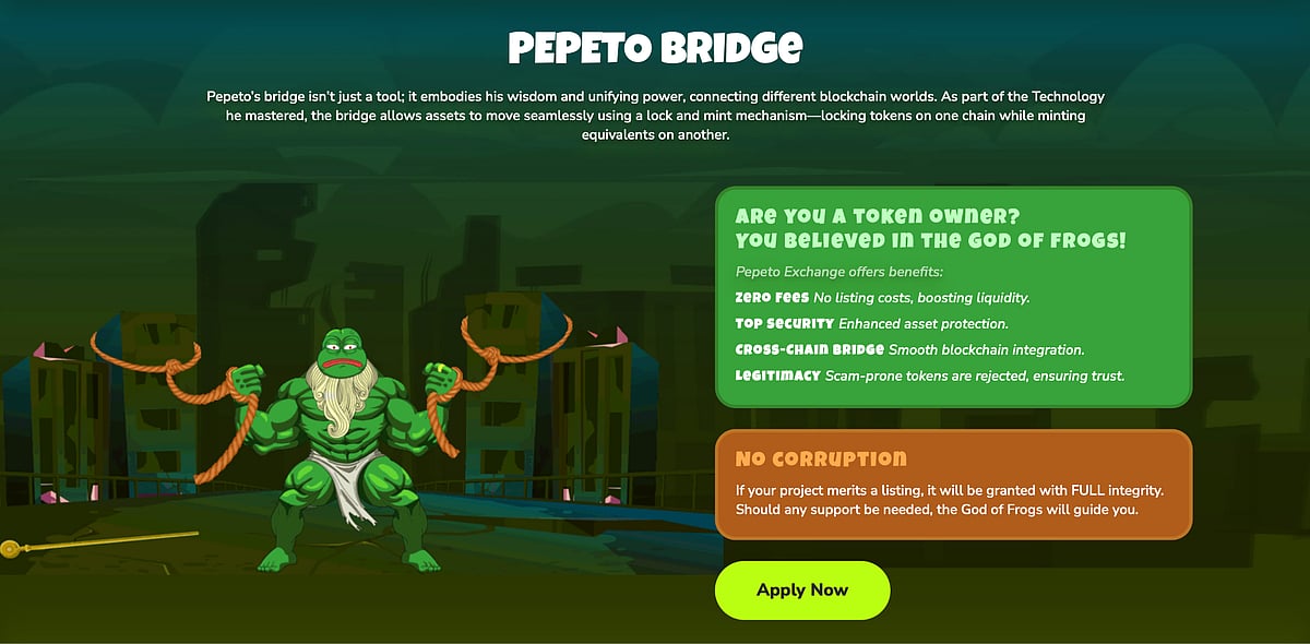 Pepeto Bridge crypto project screen with a muscular green frog character.