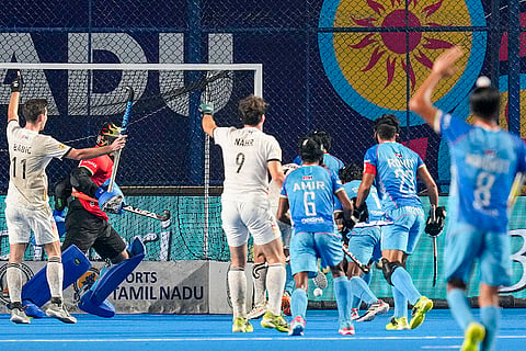 Germany's Nahr Quirin (9) with teammates celebrates after scoring a goal against India during the semi-final match of the FIH Hockey Men’s Junior World Cup 2025, at Mayor Radhakrishnan Hockey Stadium in Chennai.