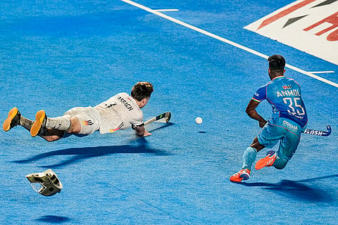 Germany's Hasbach Ben (3) after scoring a goal against India during the semi-final match of the FIH Hockey Men’s Junior World Cup 2025, at Mayor Radhakrishnan Hockey Stadium in Chennai.