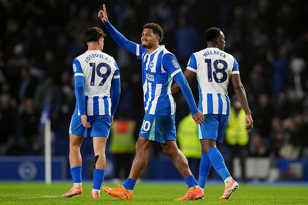| Photo: Gareth Fuller/PA via AP : Brighton and Hove Albion's Georginio Rutter, centre, celebrates after scoring his sides first goal during the English Premier League soccer match between Brighton and Hove Albion v West Ham United, in Brighton, England.