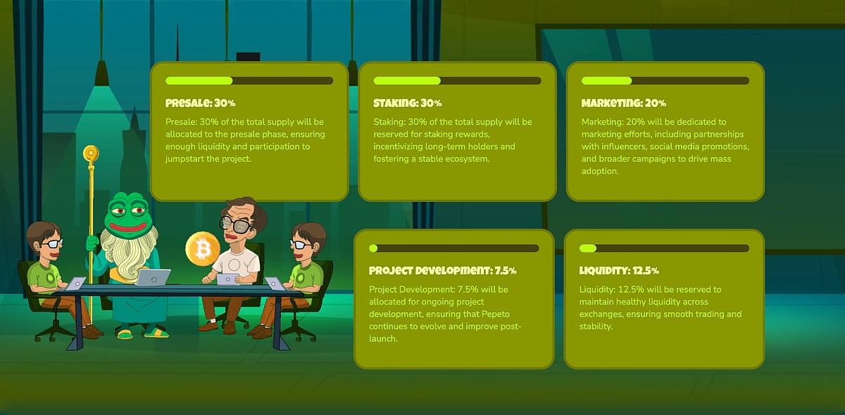 Pepeto roadmap illustration showing team characters around a table and project milestones