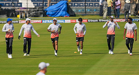 India’s captain Suryakumar Yadav, third left, with his teammates during a training session on the eve of the first T20 cricket match of a series between India and South Africa, at Barabati Stadium, in Cuttack, Odisha.