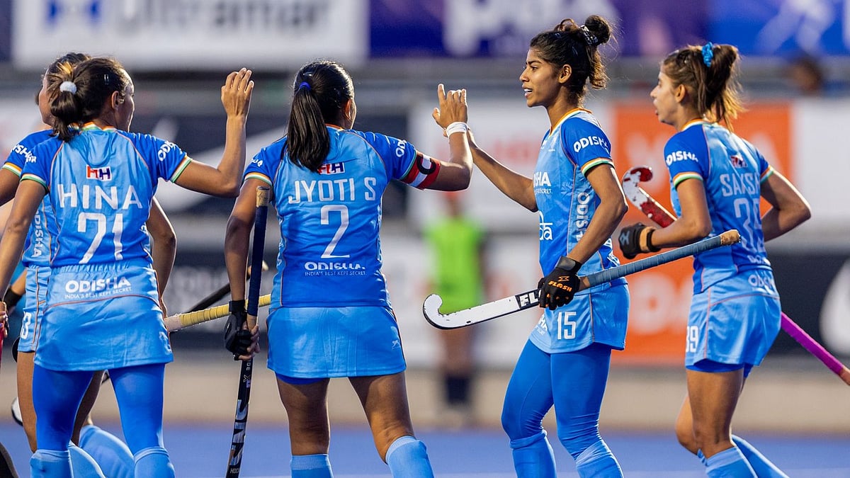 Hockey India : India celebrate a goal against Wales during their FIH Junior Women's Hockey World Cup match.
