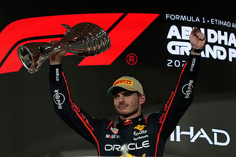 Red Bull driver Max Verstappen of the Netherlands reacts after winning the Abu Dhabi Formula One Grand Prix in Abu Dhabi, United Arab Emirates.