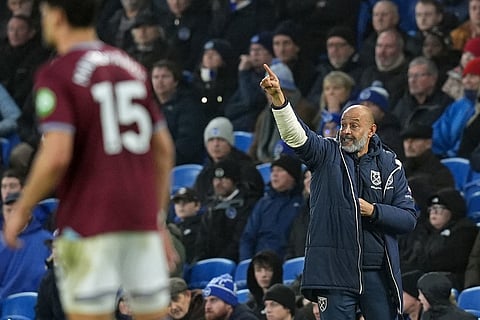 West Ham United manager Nuno Espirito Santo gestures during the English Premier League soccer match between Brighton and Hove Albion v West Ham United, in Brighton, England.