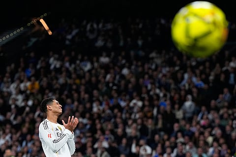 Real Madrid's Jude Bellingham reacts during the Spanish La Liga soccer match between Real Madrid and Celta Vigo in Madrid, Spain.