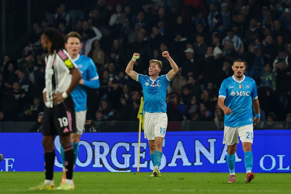 | Photo: Alessandro Garofalo/LaPresse via AP : Napoli's Rasmus Hojlund, centre, celebrates after scoring his side's second goal during the Serie A soccer match between Napoli and Juventus, in Naples, Italy.