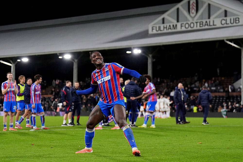 | Photo: John Walton/PA via AP : Crystal Palace's Chrisantus Uche celebrates after the English Premier League soccer match between Fulham and Crystal Palace, in London. 