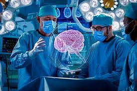 Neurosurgeons looking at a hologram of a brain