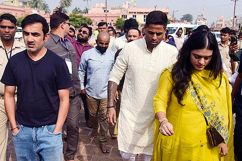 India's coach Gautam Gambhir, captain Suryakumar Yadav and his wife Devisha Shetty during their visit to Jagannath Temple in Puri ahead of T20 match with South Africa, Cuttack.