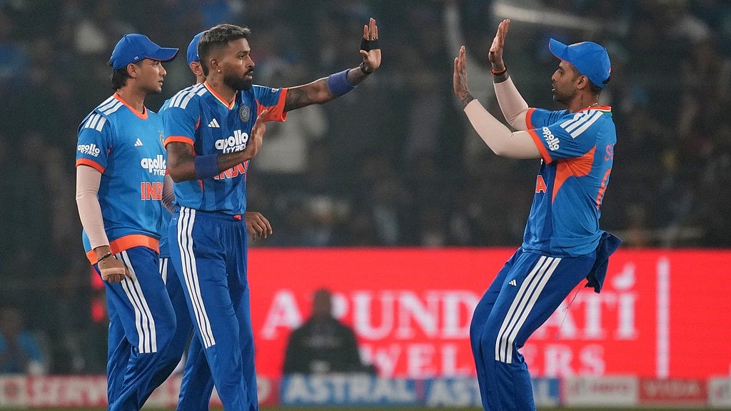 AP : India's Hardik Pandya, centre, celebrates with teammates the wicket of South Africa's David Miller during the first T20I in Cuttack.