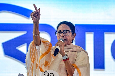 West Bengal Chief Minister Mamata Banerjee addresses a public meeting at Rash Mela Ground, in Cooch Behar, West Bengal.