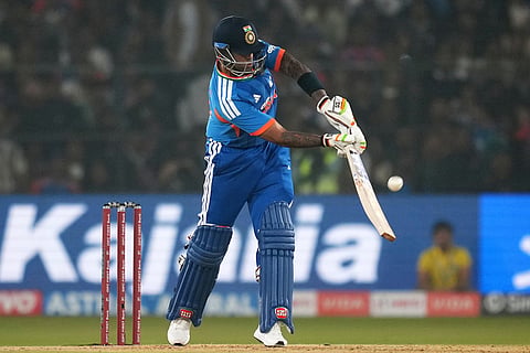 India's captain Suryakumar Yadav plays a shot during the first T20 International cricket match between India and South Africa in Cuttack, India.