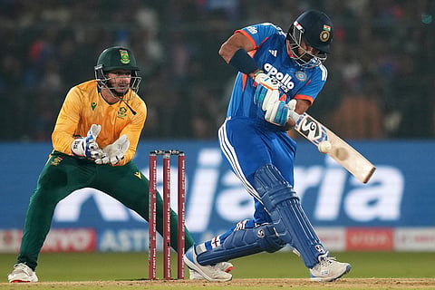 India's Axar Patel plays a shot during the first T20 International cricket match between India and South Africa in Cuttack.