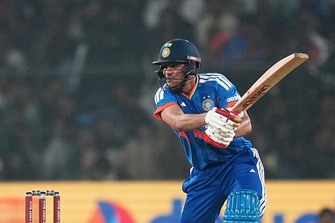 India's Shubman Gill plays a shot during the first T20 International cricket match between India and South Africa in Cuttack, India.