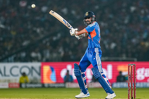 India's Axar Patel plays a shot during the first T20I cricket match between India and South Africa at Barabati Stadium, in Cuttack.