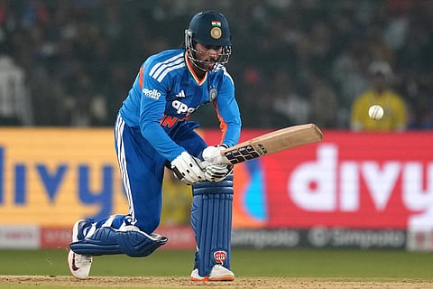 India's Tilak Varma plays a shot during the first T20 International cricket match between India and South Africa in Cuttack, India