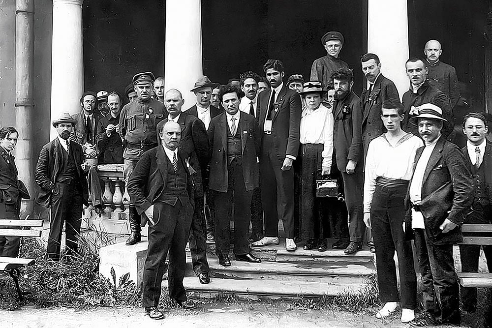 A Historic Gathering: Delegates to the second congress of the Comintern at the Uritsky Palace in Petrograd, including M.N. Roy, Vladimir Lenin, Maxim Gorky and Nikolai Bukharin