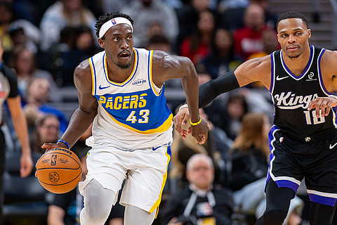 Indiana Pacers forward Pascal Siakam (43) brings the ball up court during the second half of an NBA basketball game against the Sacramento Kings in Indianapolis.