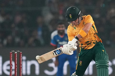 South Africa's Dewal Brevis plays a shot during the first T20 International cricket match between India and South Africa in Cuttack.