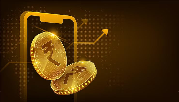 Digital graphic of two gold Indian Rupee coins in a smartphone frame with a rising arrow.