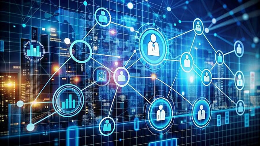 Digital network diagram with interconnected user and data icons on a blue background.