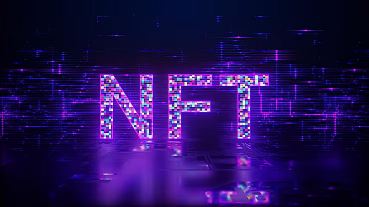 Glowing pink and purple NFT text in a dark, futuristic, glitchy digital city landscape.