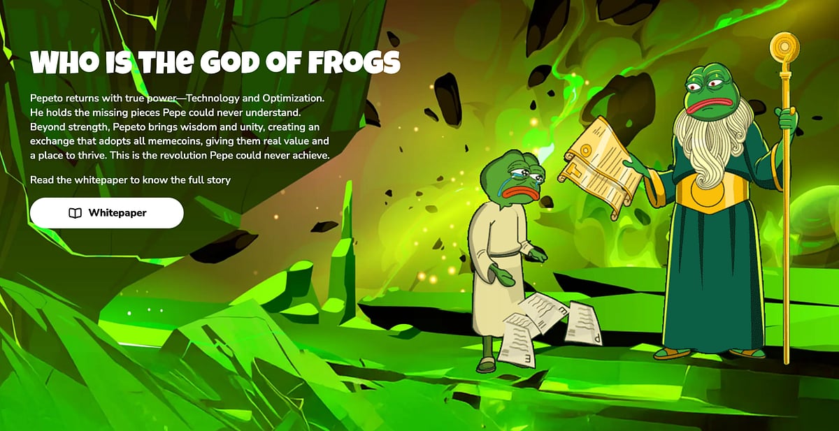 Image of Pepe the Frog wizard handing a tablet to a worried-looking Pepe in a green environment.