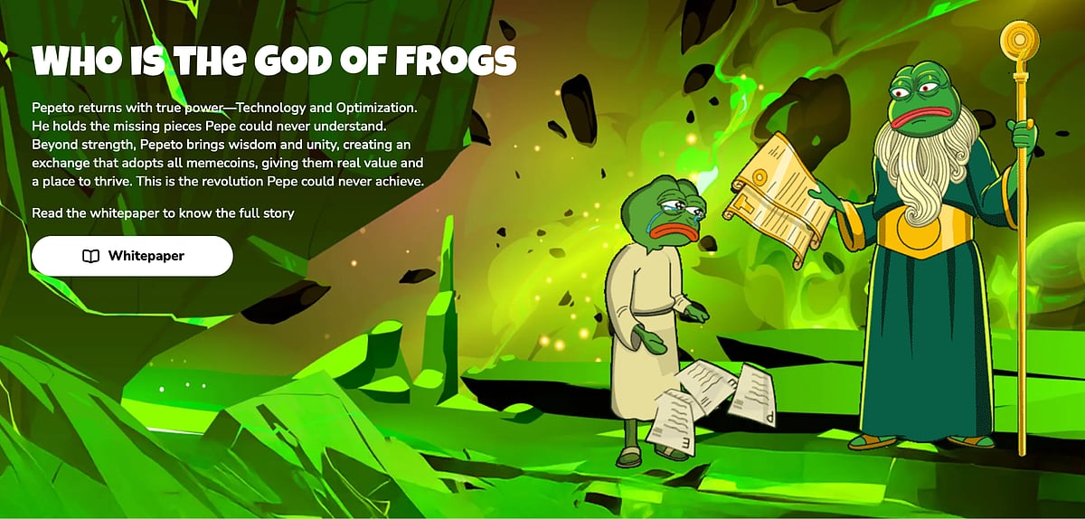 Cartoon frog characters in a green fantasy scene with text about the ‘God of Frogs.
