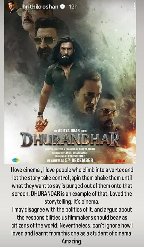 Hrithik Roshan's post on Dhurandhar