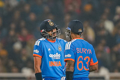 India's Axar Patel and Suryakumar Yadav during the second T20 International cricket match of a series between India and South Africa, at Maharaja Yadavindra Singh International Cricket Stadium, in New Chandigarh.