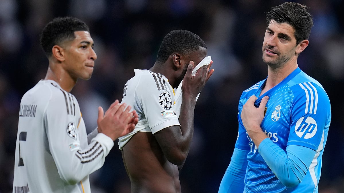 | Photo: AP/ : Real Madrid's Jude Bellingham, Antonio Rudiger and goalkeeper Thibaut Courtois, from left, gesture at the end of a UEFA Champions League opening phase match against Manchester City on December 10, 2025.