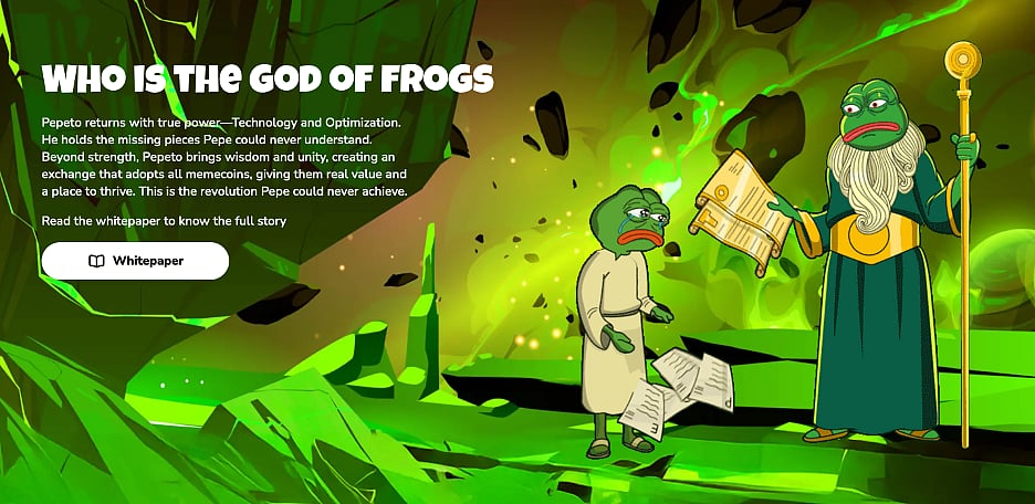 A serious Pepe the Frog wizard gives a golden tablet to a worried-looking Pepe in a white robe