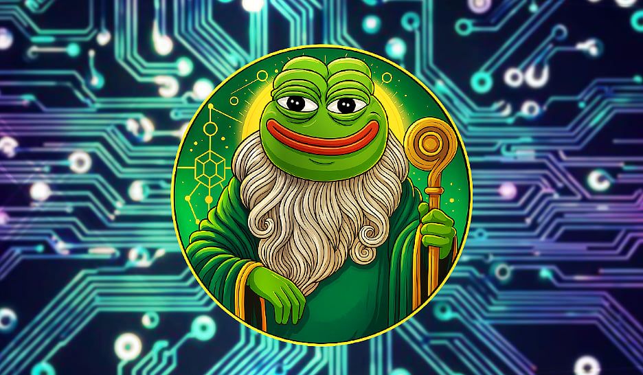 Pepe the Frog wizard on a circular tech pattern over a blue circuit board background.