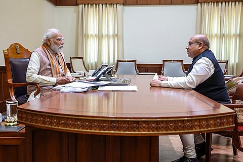 Prime Minister Narendra Modi meets BJP leader Vijender Gupta, in New Delhi. 