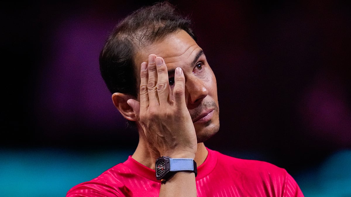 | Photo: AP/Manu Fernandez : Spain's Rafael Nadal during a tribute after playing his last match as a professional tennis player in the Davis Cup quarterfinals at the Martin Carpena Sports Hall in Malaga, southern Spain, on Nov. 20, 2024. 