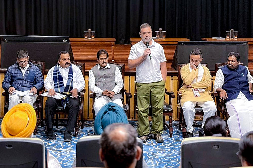 | Photo: @INCIndia/X via PTI  : In this image, Leader of Opposition in the Lok Sabha and Congress leader Rahul Gandhi chairs a review meeting of the party's Lok Sabha MPs, at Parliament House Annexe, in New Delhi. Congress MPs KC Venugopal, Gaurav Gogoi and K Suresh are also seen.