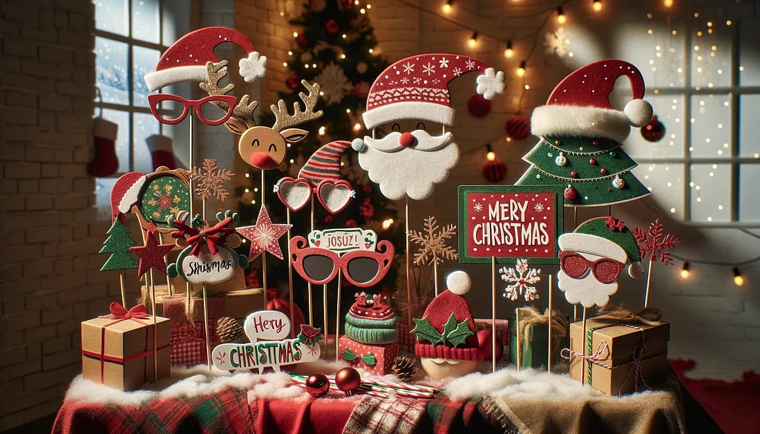 Christmas photo booth props, including Santa hats, reindeer antlers, and Merry Christmas signs